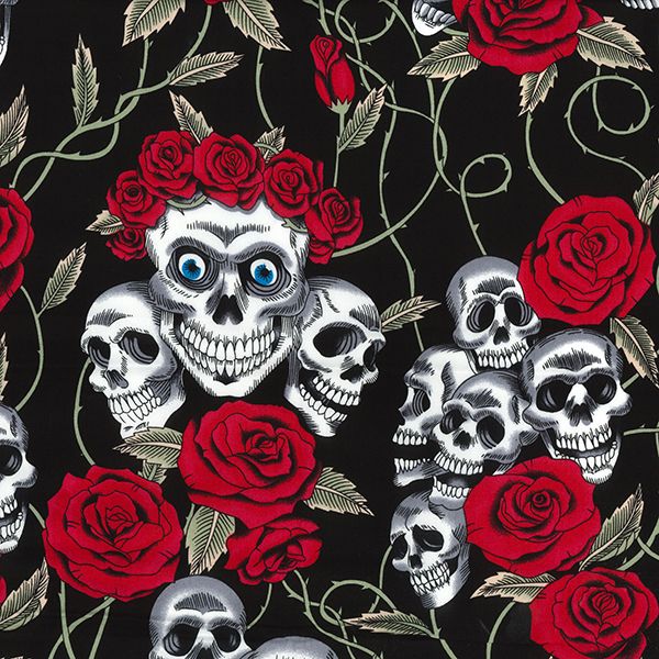 Cotton Print Fabric Skulls Roses