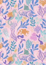 Moontide Fabric | Mermaids & Seahorses Gold Metallic Pink