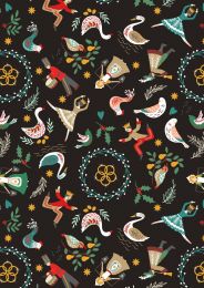 The 12 Days Of Christmas Fabric | Lords A leaping Black Gold Metallic