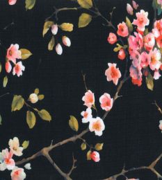 Linen Look Polyester Prints | Floral Sprig Black