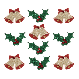 Christmas Embellishments | Glitter Bells & Holly, 10pcs