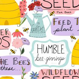 Feed The Bees Fabric | Garden Words White
