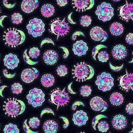 Laurel Burch Celestial Magic Fabric | Sun & Moon Black