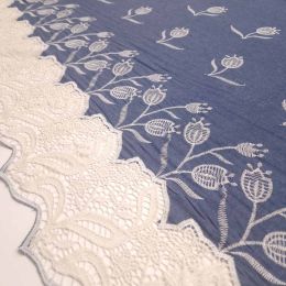Embroidered Denim Fabric Border | Floral - Classic Denim Blue