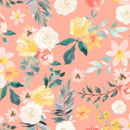 Everyday Is Caturday Fabric | Floral Coral