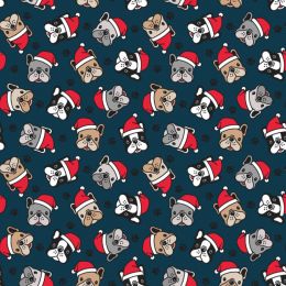 Christmas Jersey Fabric | Festive Pug Blue