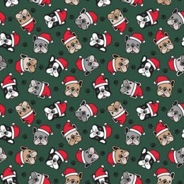Christmas Jersey Fabric | Festive Pug Green