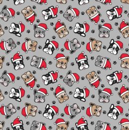 Christmas Jersey Fabric | Festive Pug Silver Grey