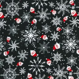 Christmas Fun Fabric | Snowflakes & Santa Faces Black