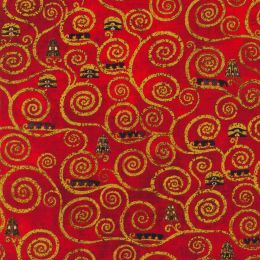 Metallic Robert Kaufman Fabric | Gustav Klimt - Swirls Red