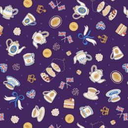 Coronation Day Fabric | Tea & Cake Purple - Gold Metallic