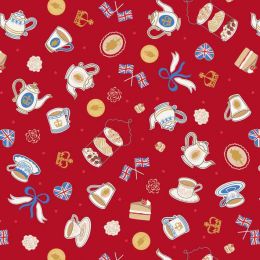 Coronation Day Fabric | Tea & Cake Red - Gold Metallic