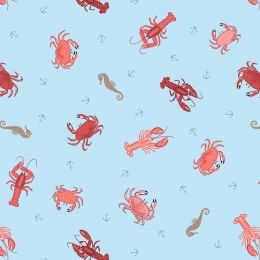 Small Things Coastal Fabric | Crab, Lobster & Seahorses Light Blue