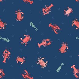 Small Things Coastal Fabric | Crab, Lobster & Seahorses Dark Blue