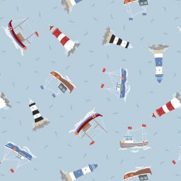 Small Things Coastal Fabric | Boats & Lighthouses Light Blue