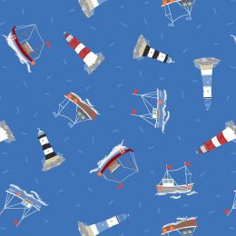 Small Things Coastal Fabric | Boats & Lighthouses Bright Blue