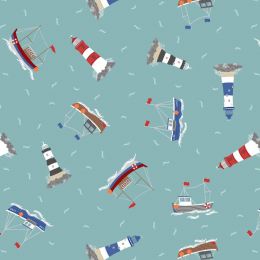 Small Things Coastal Fabric | Boats & Lighthouses Sea Green