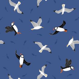 Small Things Coastal Fabric | Puffins & Gulls Dark Blue