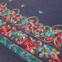 Embroidered Denim Fabric Border | Floral Stripes