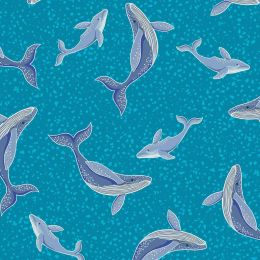 Ocean Glow Lewis & Irene Fabric | Whales Sea Blue