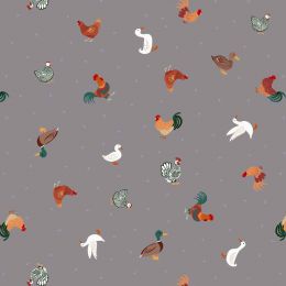 Small Things Countryside Fabric | Chickens & Ducks Warm Grey