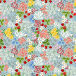 Teddy Bear's Picnic Lewis & Irene Fabric | Strawberries Bee Floral Duck Egg