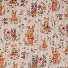 Rib Florida Digital Print Jersey Fabric | Forest Animals Off White