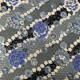 Japanese Aragu Fabric | Blue Silver Metallic