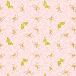 Sakura Lewis & Irene Fabric | Butterflies On Pink - Gold Metallic