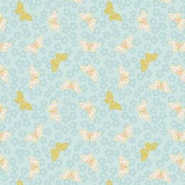 Sakura Lewis & Irene Fabric | Butterflies On Light Duck Egg - Gold Metallic