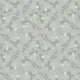 Sakura Lewis & Irene Fabric | Swimming Koi On Grey - Gold Metallic