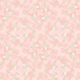 Sakura Lewis & Irene Fabric | Swimming Koi On Pink - Gold Metallic