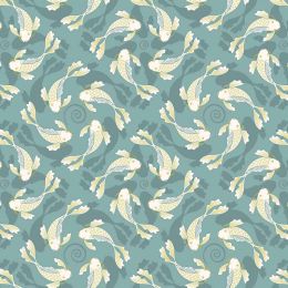 Sakura Lewis & Irene Fabric | Swimming Koi On Pond Blue - Gold Metallic