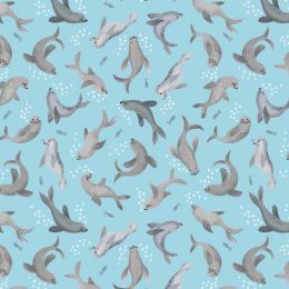 Puffin Rock Lewis & Irene Fabric | Seals Light Blue