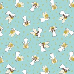 Away In A Manger Lewis & Irene Fabric | Angels Celestial Blue Gold Metallic