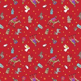 Away In A Manger Lewis & Irene Fabric | Nativity Characters Red Gold Metallic