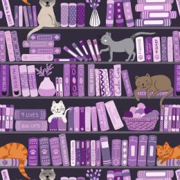 Purrfect Book Club Lewis & Irene Fabric | Book Shelves & Cats Purples