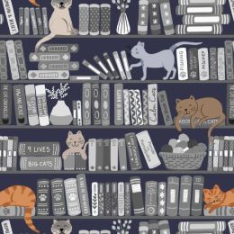 Purrfect Book Club Lewis & Irene Fabric | Book Shelves & Cats Greys