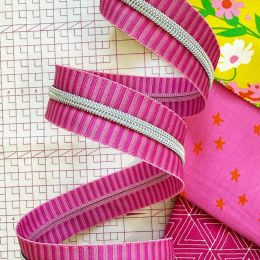 Sassafras Lane Zipper #5, 3 Yards | Wide Pink Stripe Tape, Nickel Teeth