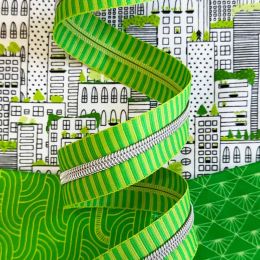 Sassafras Lane Zipper #5, 3 Yards | Wide Green Stripe Tape, Nickel Teeth