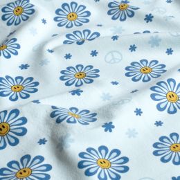 Cotton Rich Jersey Fabric | Peace & Love Happy Flower Blue