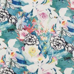9.5oz comfort Stretch Denim Fabric | Floral Teal