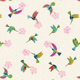 Hibiscus Hummingbird Fabric | Scattered Hummingbirds Cream