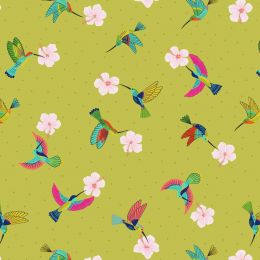 Hibiscus Hummingbird Fabric | Scattered Hummingbirds Tropical Green