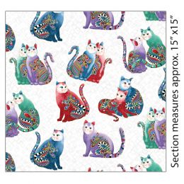 Cat-I-Tude 2 Fabric | Playful Cats White Metallic