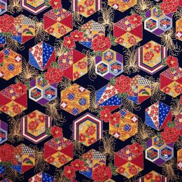 Japanese Sokya Fabric | Hexagon Blue Metallic