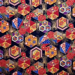Japanese Sokya Fabric | Hexagon Blue Metallic