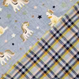 Double Sided Supersoft Fleece | Unicorn & Check Dusty Blue