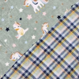 Double Sided Supersoft Fleece | Unicorn & Check Dusty Green