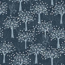 Secret Winter Garden Fabric | Owl Orchard Dark Navy With Pearl